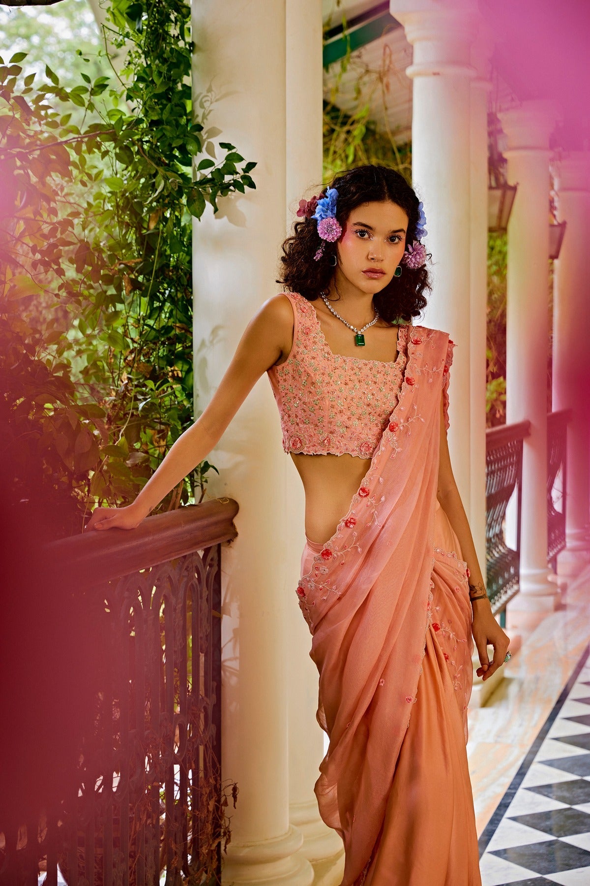 Peach Pre-stitched Sari Set