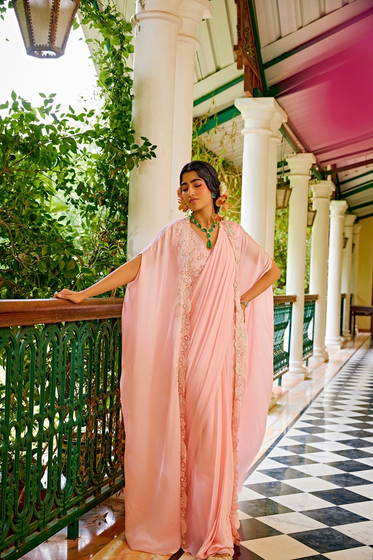 Baby Pink Georgette Pre-Stitched Saree with Cape