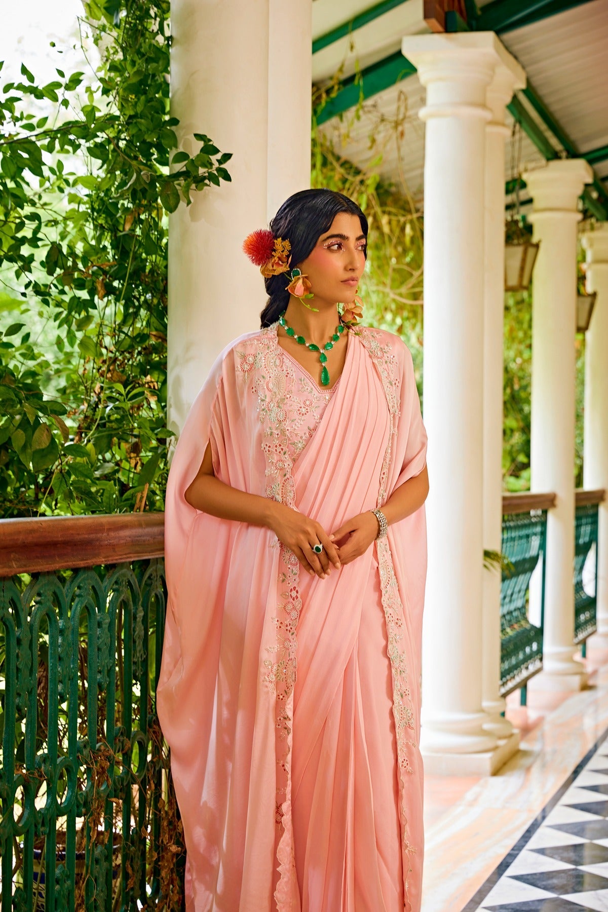 Baby Pink Georgette Pre-Stitched Saree with Cape
