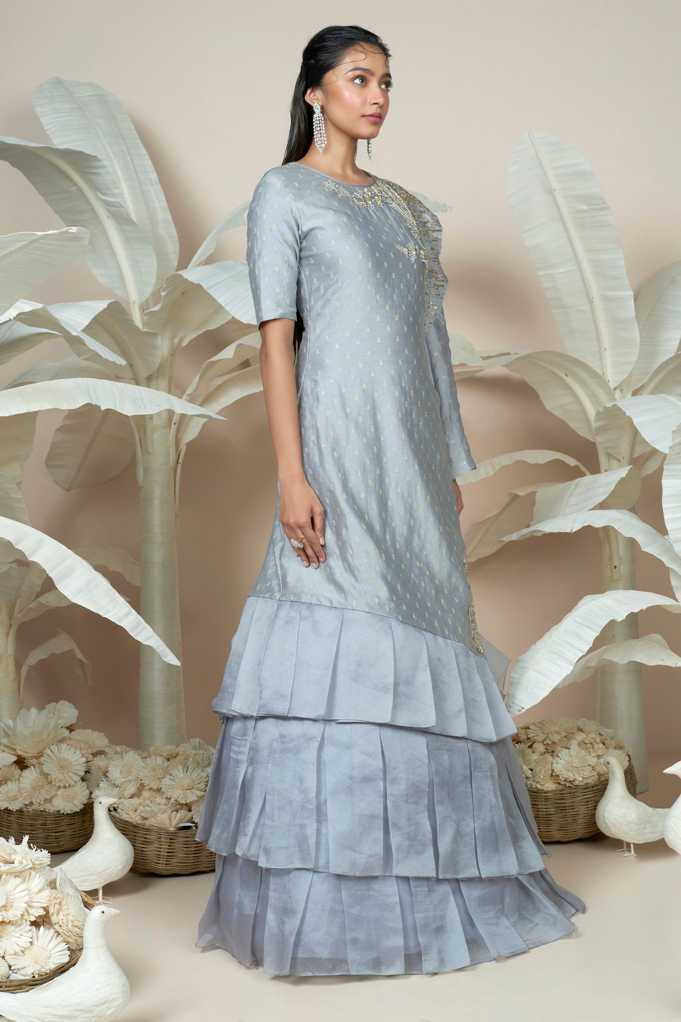 Amnah Grey Ruffled Gown